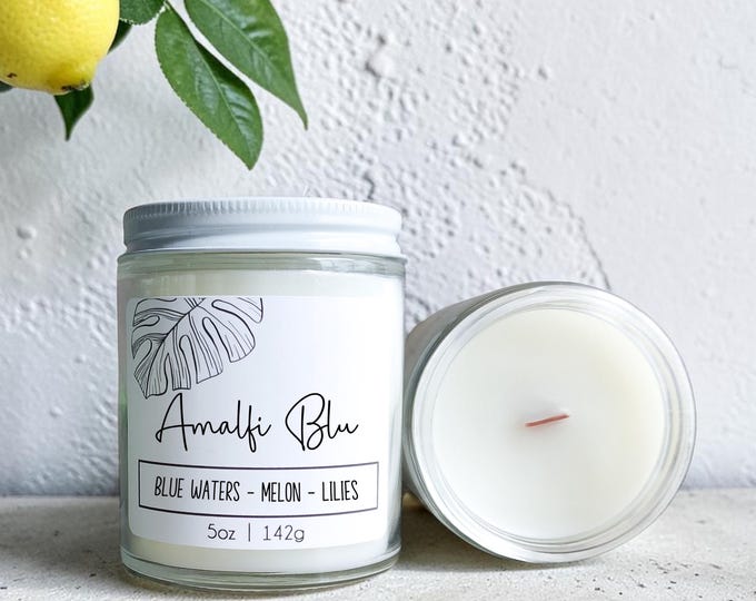 Featured listing image: Amalfi Blu Wood Wick Candle | Coastal Italian Home Fragrance | Marine & Honeydew Melon Scent