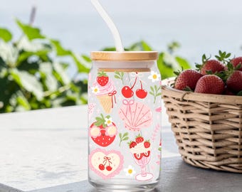 Strawberry Coastal Glass Tumbler | Coquette Beach Berry Cherry Iced Coffee Cup | Bamboo Lid & Straw (16oz)