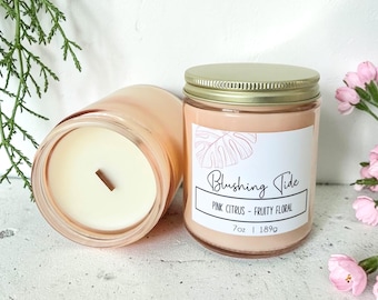 Blushing Tide Pink Citrus Candle, Coastal Soy Blend Candle, Fruity Floral Scent, Beach Home Decor Gift