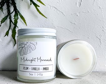 Midnight Mermaid: Plum Vanilla Scented Candle Wood Wick, Soy Blend - Beach Coastal Home Scents