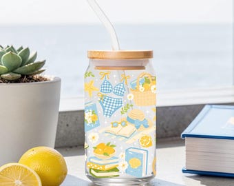 Coastal Bookish Glass Tumbler | Beach Reads Iced Coffee Cup | Bamboo Lid & Straw (16oz)