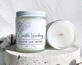 Coastal Laundry: Fresh Clean Cotton Scented Wood Wick Candle | Beach Coastal Home Scents + Gifts