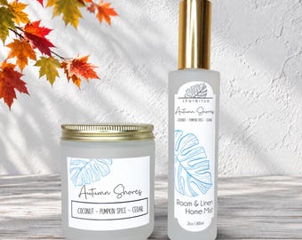 Autumn Shores Candle & Spray Set:  Fall Pumpkim Spice Home Fragrance Gift Set