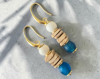 Coastal Sailor Blue Sea Glass and Coconut Shell Dangle Earrings | Beach Jewelry