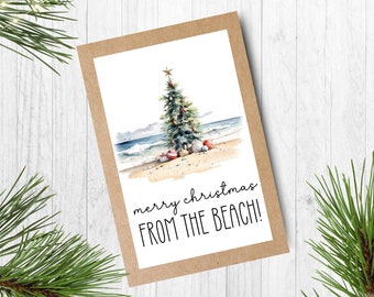 Beach Christmas Card Set, Personalized Tropical Holiday Card Set, Custom California Christmas Greeting Card Set, Blank Inside