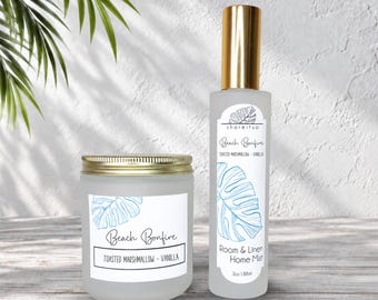 Beach Bonfire Wood Candle + Room & Linen Spray Set: Toasted Marshmallow Fireside Coastal Home Fragrance Set