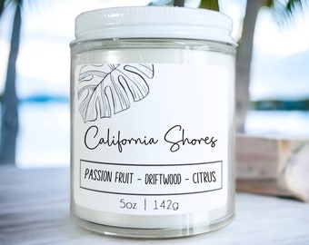 California Shores Passion Fruit Beach Candle: Soy Blend Wax with a Wood Wick