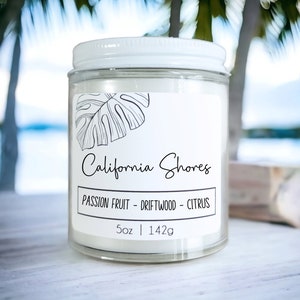 California Shores Passion Fruit Beach Candle: Soy Blend Wax with a Wood Wick