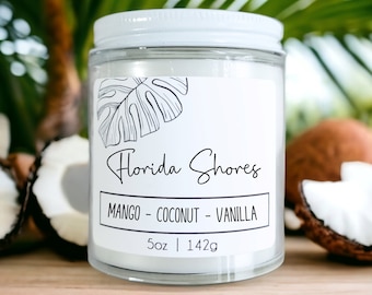 Florida Shores Tropical Beach Candle: Mango, Coconut, Vanilla Scented Soy Wax