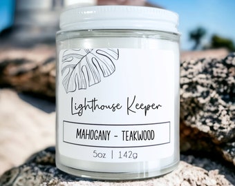 Lighthouse Keeper Mahogany Teakwood Scented Candle: Beachy Soy Wax Candle with Wood Wick