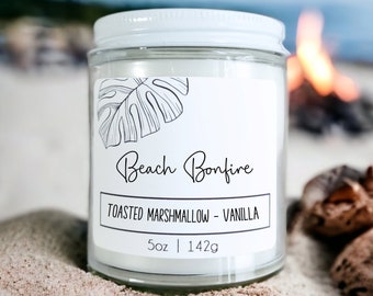 Beach Bonfire, Marshmallow Fireside scented wood wick candle with toasted marshmallow and smoky vanilla