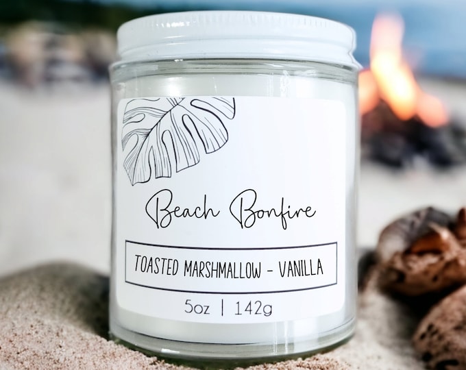 Featured listing image: Beach Bonfire, Marshmallow Fireside scented wood wick candle with toasted marshmallow and smoky vanilla