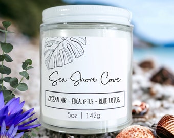 Sea Shore Cove, fresh eucalyptus, blue lotus, salty air scented wood wick candle