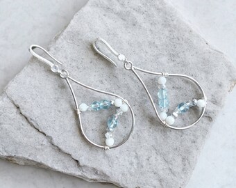 Beach Glass Beaded Earrings, Tropical Ocean Style Jewelry for a Beach Vacation or Nautical Wedding, Wire Wrapped Silver Jewelry