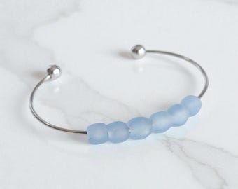Silver Adjustable Cuff Bracelet with Pale Blue Glass Beads - Handmade West African Beads