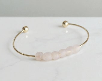 Gold Adjustable Cuff Bracelet with Pale Pink Glass Beads - Handmade West African Beads