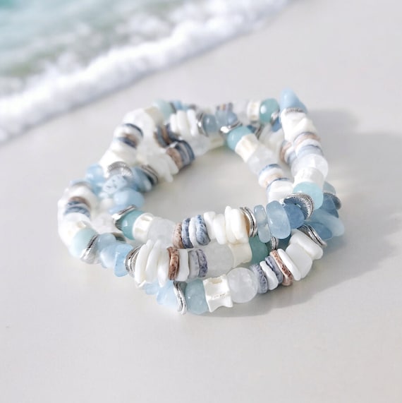 Sea Glass Bracelet: Handmade Shell & Aquamarine Beaded Nautical Jewelry