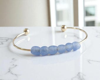 Gold Adjustable Cuff Bracelet with Blue Sea Glass Beads - Handmade West African Beads