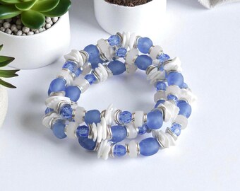 Beach Sea Glass and Shell Bracelet - Blue and Silver Nautical Beach Wedding Jewelry Gift - Naturally Sourced Handmade Beads