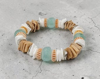 Coastal Beach Sea Green Glass Ocean Inspired Bracelet or Earrings with Unique Artisanal Global Beads.