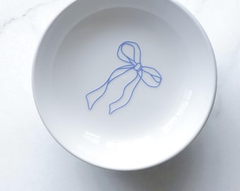 Coastal Coquette Navy Bow Jewelry Dish – White Ceramic Trinket Tray - Nautical Beach Ring Dish