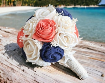 Beach Wedding Bouquet - Coral and Navy Destination Elopement Bridal Bouquet Sola Flowers - Bridesmaid Starfish Wedding Bouquets
