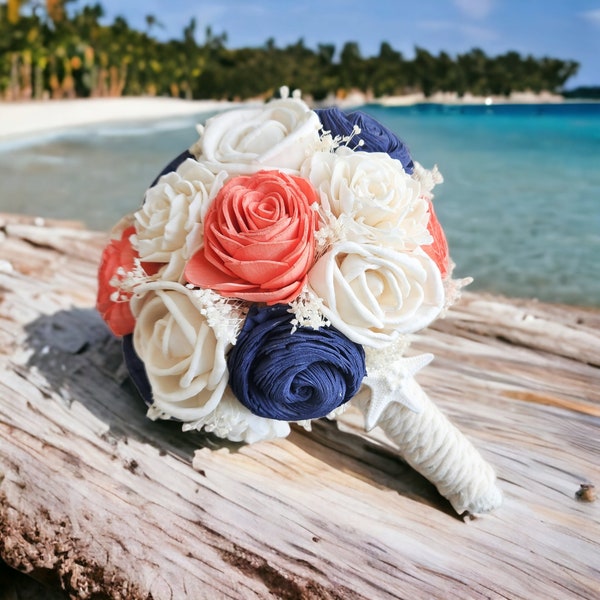 Beach Wedding Bouquet - Coral and Navy Destination Elopement Bridal Bouquet Sola Flowers - Bridesmaid Starfish Wedding Bouquets