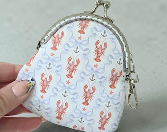 Lobster Coquette Coin Purse, Coastal Faux Leather Kiss-Lock Pouch, Nautical Bow Bag Charm