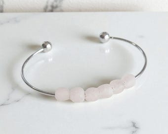 Silver Adjustable Cuff Bracelet with Pale Pink Glass Beads - Handmade West African Beads
