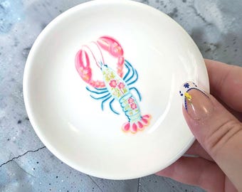 Coastal Lobster Jewelry Dish  – White Ceramic Trinket Tray - Preppy Beach Ring Dish