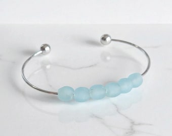 Silver Adjustable Cuff Bracelet with Pale Aqua Glass Beads - Handmade West African Beads