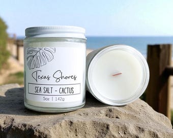 Texas Shores Candle: Sea Salt Cactus Scent, Wood Wick