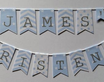 Personalised with Name Christening cake bunting stars, stripes & polka dot Cake topper