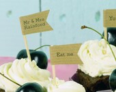 50 Typewriter style Personalised cupcake decorations brown craft paper flag wedding cupcake topper