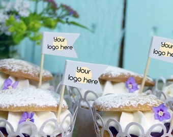 50 Custom Logo Cupcake Flags, Branded Cake Toppers