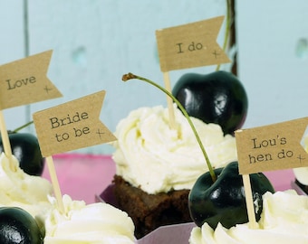 Kraft Paper Hen Do Cupcake Toppers – Personalized Party Flags