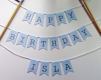 Personalised Name and Happy Birthday cake bunting blue Cake topper