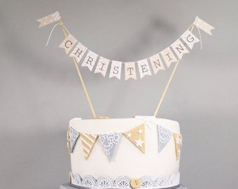 Christening cake bunting sandy beige stars, stripes & polka dot Cake topper
