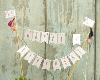 Personalised pink Birthday cake bunting Pom-pom streamer Cake topper