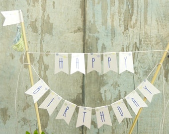 Personalised blue Birthday cake bunting Pom-pom streamer Cake topper
