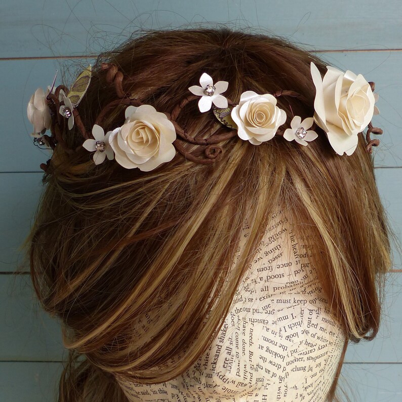 Ivory rose paper headdress crown woodland wedding vine paper flower headdress. Pretty paper saving flower circlet