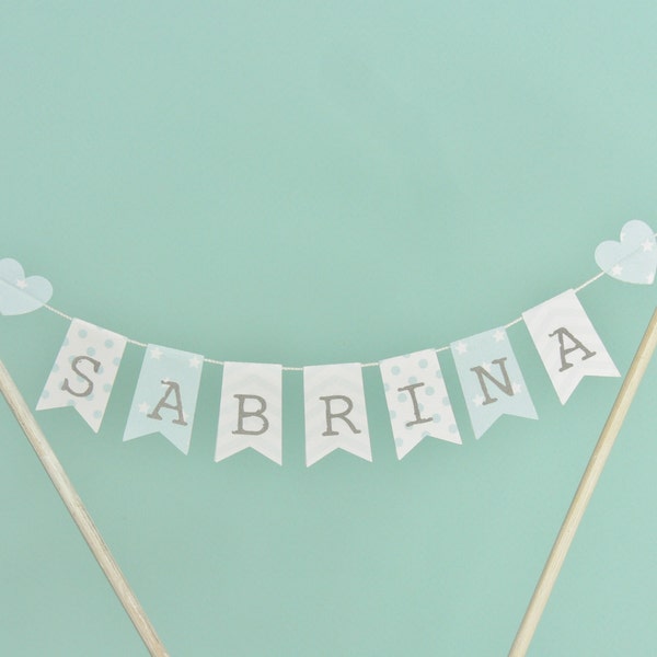 Personalised baby name Christening cake bunting stars, stripes & polka dot christening Cake topper