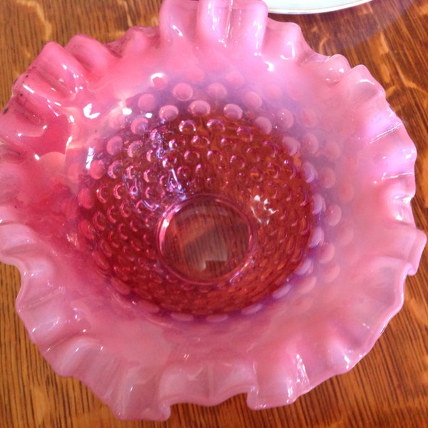 Fenton Vintage Cranberry Ruffled Vase Bowl Hobnail