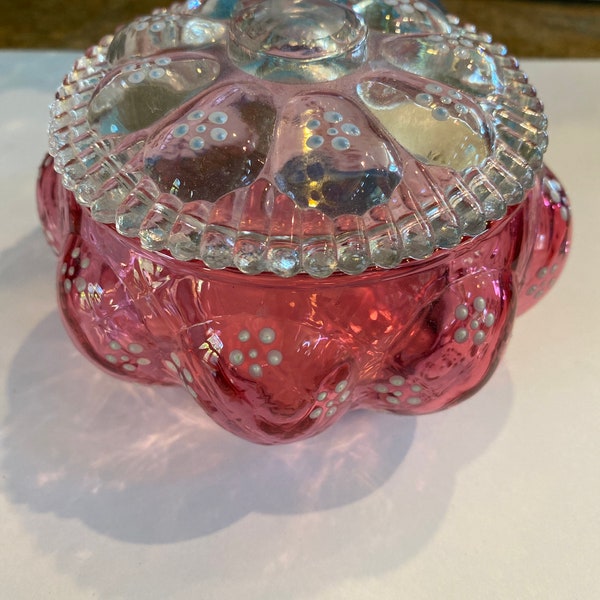 Fenton Vintage Cranberry Painted Dresser Powder Jar