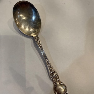 May include: A silver spoon with an oval bowl and a decorative handle. The handle features floral and scrollwork designs. The spoon is made of a shiny, reflective metal, likely silver or a silver-plated material. The spoon is a piece of silverware.