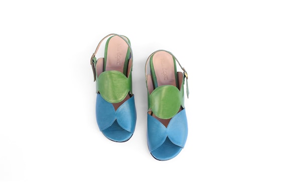 Two-tone Blue and Green Leather Women's Low Heel Sandals - Etsy