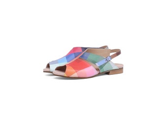 Women's sandals flat heel  and geometric colorful pixels leather slingbacks open toe