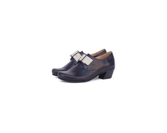 Handmade  Black Leather Shoes with cream strip Buckle for Women - Comfortable Shoes