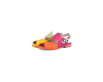 Handmade Color Block Leather Sandals – Playful Open-Toe Flats for Women