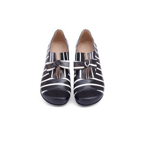 Women's Black and White Striped Leather Flats Slip-Ons with Bow Tie image 2